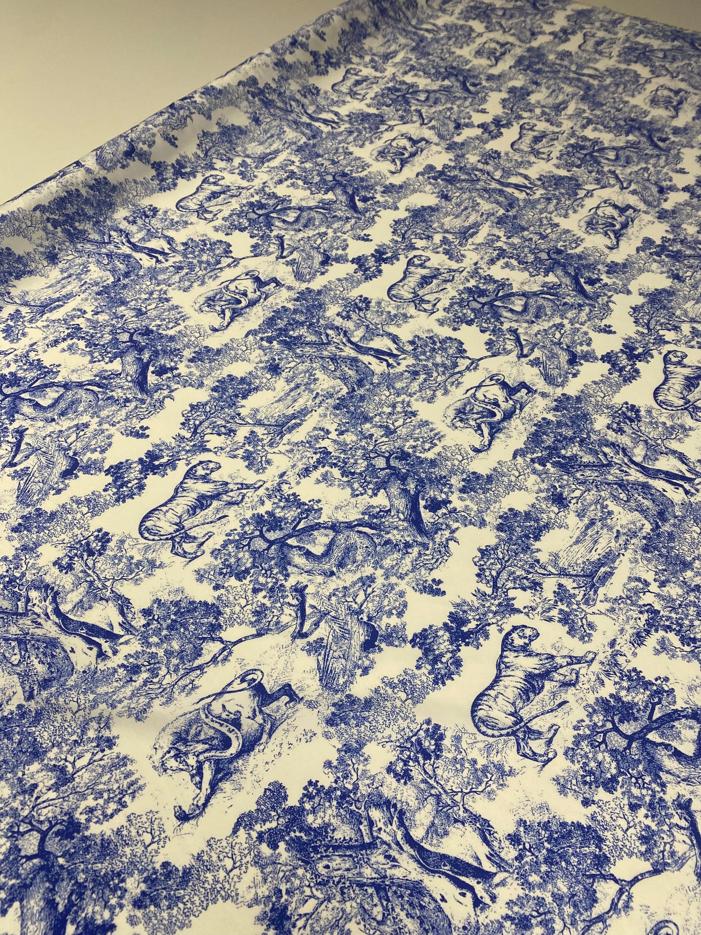 Blue Toile de Jouy Print Fabric on White Satin