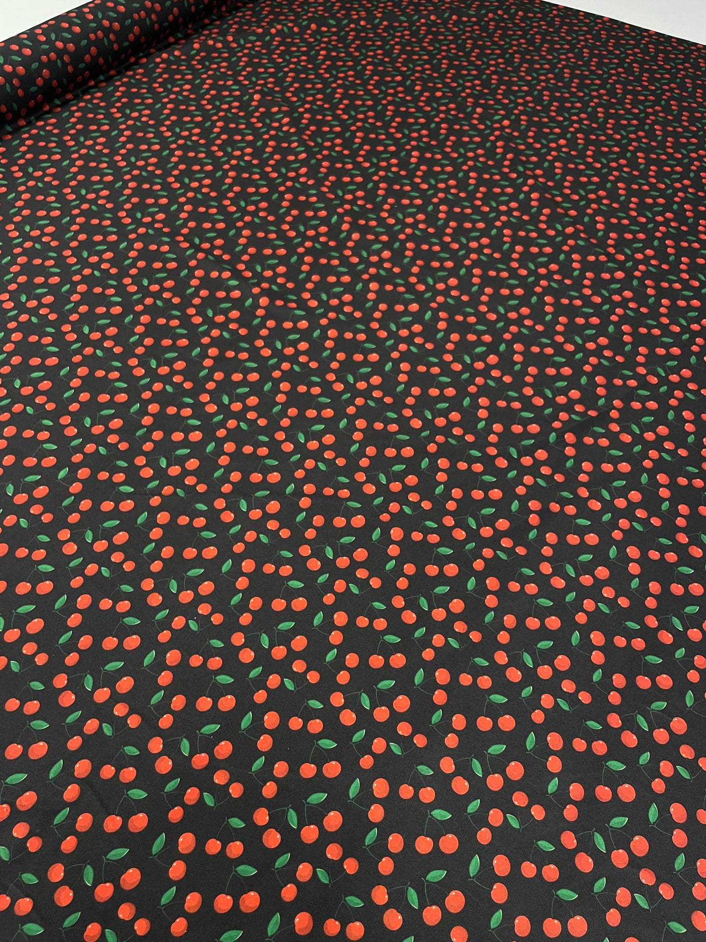 Cherry Print Black Spandex Fabric by the Metre