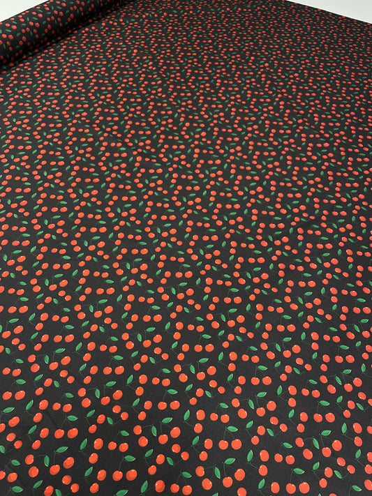 Cherry Print Black Spandex Fabric by the Metre