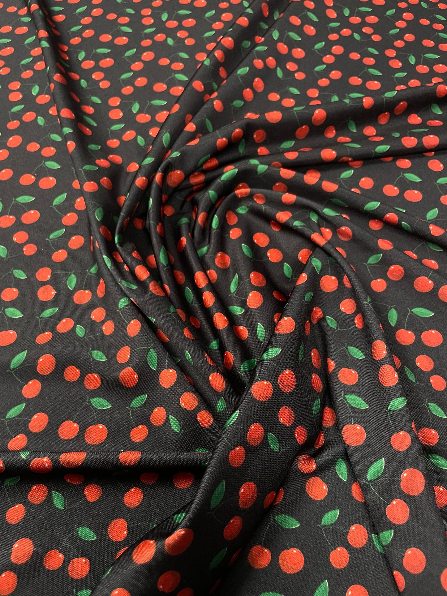 Cherry Print Black Spandex Fabric by the Metre