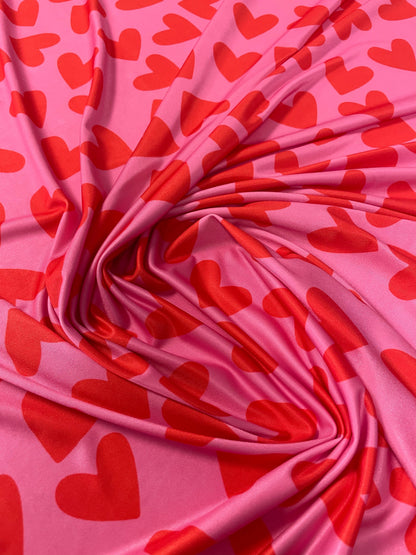 Pink Heart Print Spandex Fabric by the Metre – Soft Material