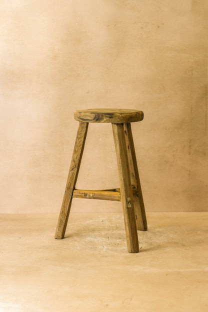 Vintage Rustic Elm Wood Stool - Round - No 46