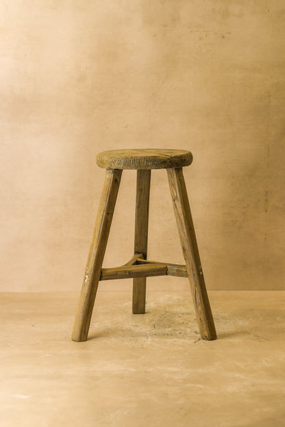 Vintage Rustic Elm Wood Stool - Round - No 46