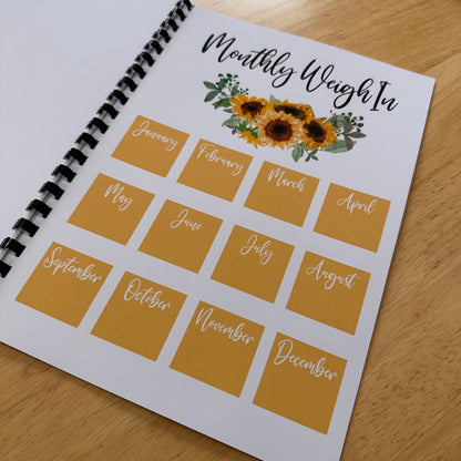 Binded Cute Sunflower Weight Loss & Diet Tracker Journal A4 Diary - Up To 1 Year Measurements Goals Weigh Ins + Lots MORE!