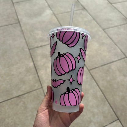 Autumn Halloween Pumpkin Bat Print Tumbler Venti Cold Cup 24oz - With Straw