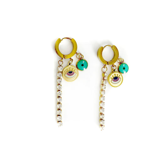 Leelee Luxe 18k Gold Plated Jewelled Evil Eye Charm Dangle Hoop Earrings