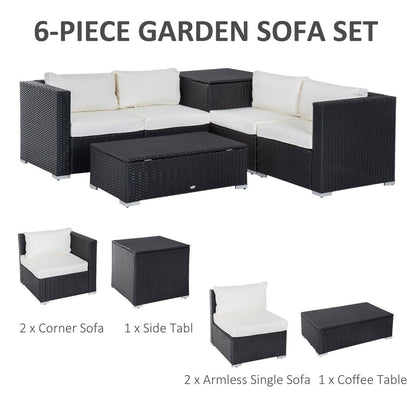 Outsunny 6Pc Rattan Corner Sofa Set Wicker 4 Seater Garden Storage Coffee Table Conversation Ottoman Outdoor Weave Furniture W/ Cushion Black