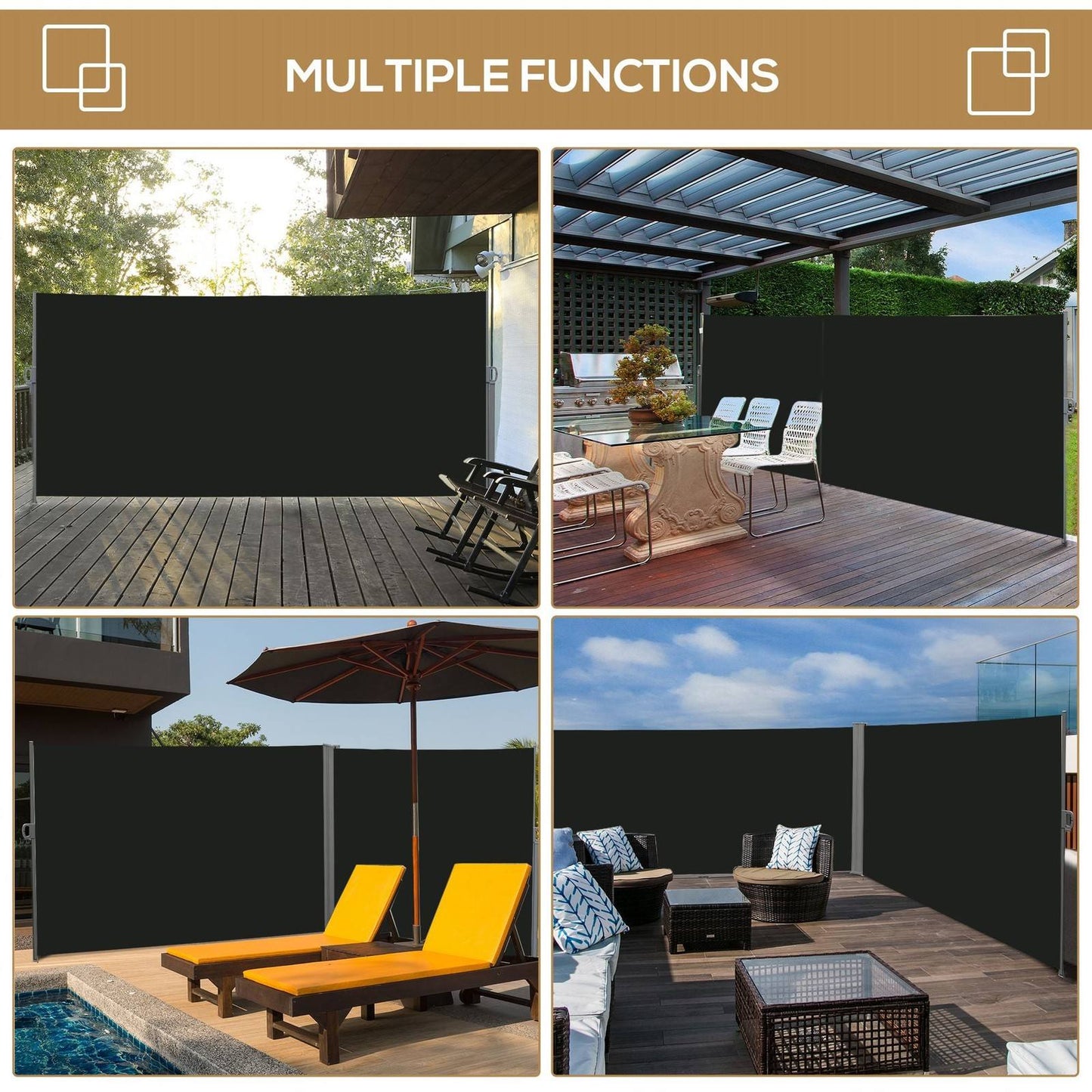 Retractable Sun Side Awning Screen Fence Patio Garden Wall Balcony Screening Panel Outdoor Blind Privacy Divider 3x2M