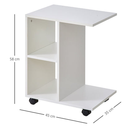 C Shape End Table Unique Storage Unit W 2 Shelves 4 Wheels Freestanding Home Office Furniture Cabinet Square Studio White