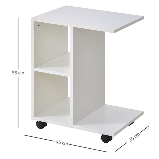 C Shape End Table Unique Storage Unit W 2 Shelves 4 Wheels Freestanding Home Office Furniture Cabinet Square Studio White