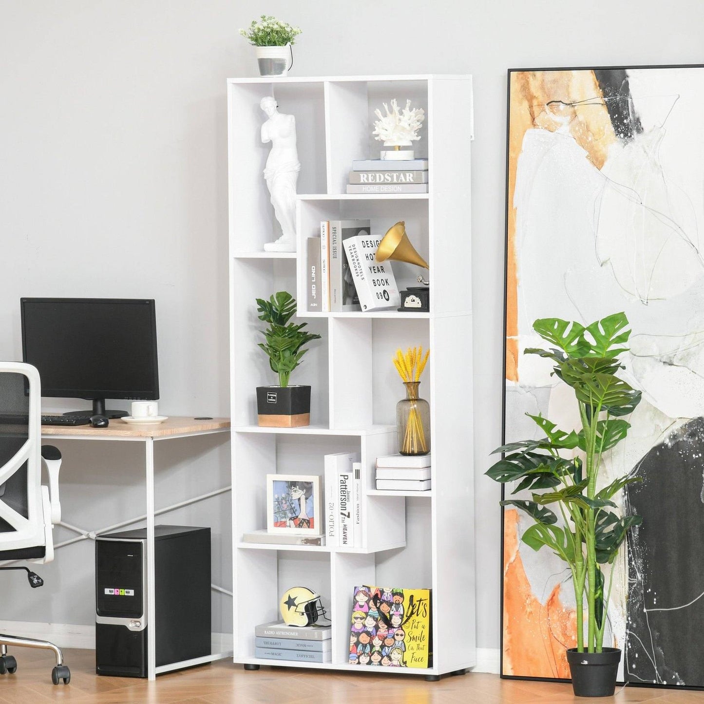 Homcom 8-Tier Freestanding Bookcase W/ Melamine Surface Anti-Tipping Foot Pads Home Display Storage Grid Stand Bedroom Living Room Furniture Modern Style - White