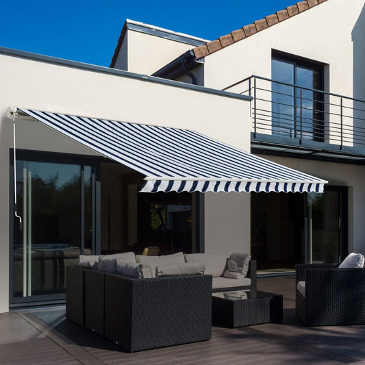 Outsunny Manual Retractable Awning 3X2.5 M-Blue/White Stripes