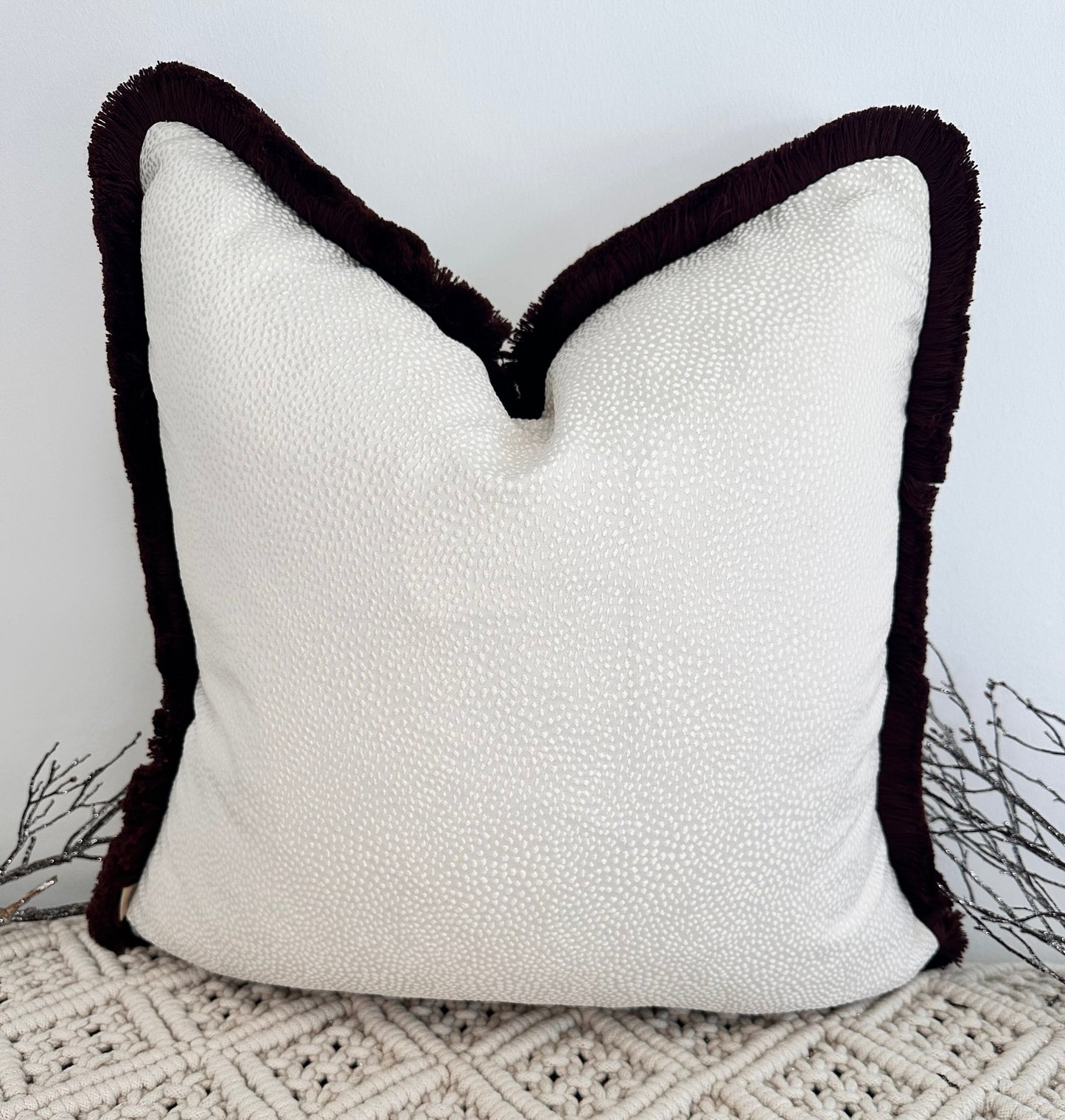 The Couture Cushion - The Ivory Borboletta Fringed in Mocha - Style No. 182