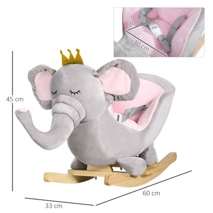 Baby Rocking Horse Elephant Rocking Chair Rocker Toy With Wooden Base Seat Safety Belt For 1.5-3 Year Old Grey