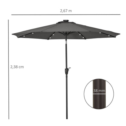Garden Parasol Outdoor Tilt Sun Umbrella Patio 24 LED Light Hand Crank Grey