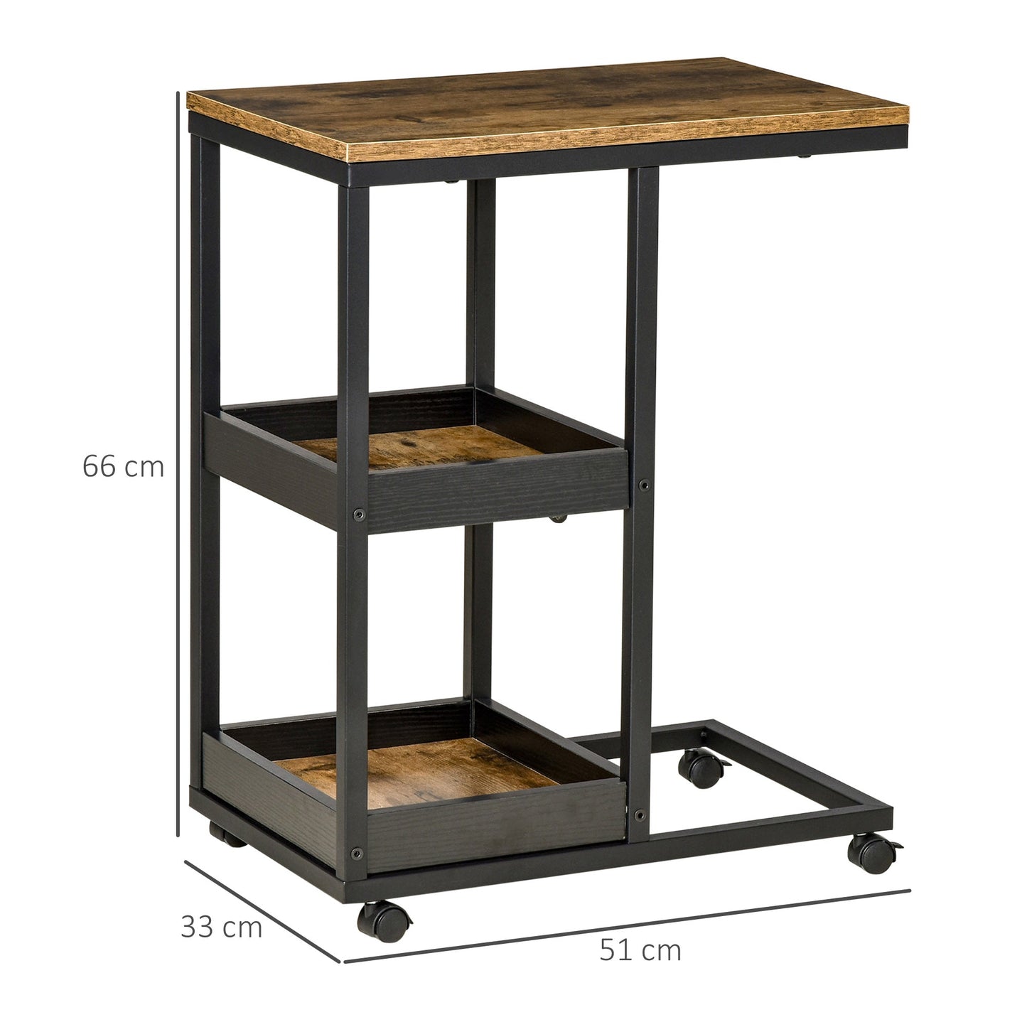 Industrial Mobile Sofa Side Table C Shaped Rolling Couch Table With 3 Tier Storage Shelving Four Lockable Wheels Steel Frame Brown