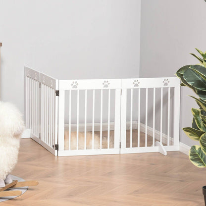Pawhut Freestanding Pet Gate 4 Panel Wooden Dog Barrier Folding Safety Fence With Support Feet Up To 204cm Long 61cm Tall For Doorway Stairs White