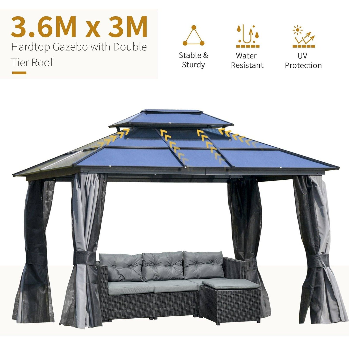 Outdoor 3.6 x 3M Gazebo Cabana w/ Steel Frame & Net Sidewalls for Privacy
