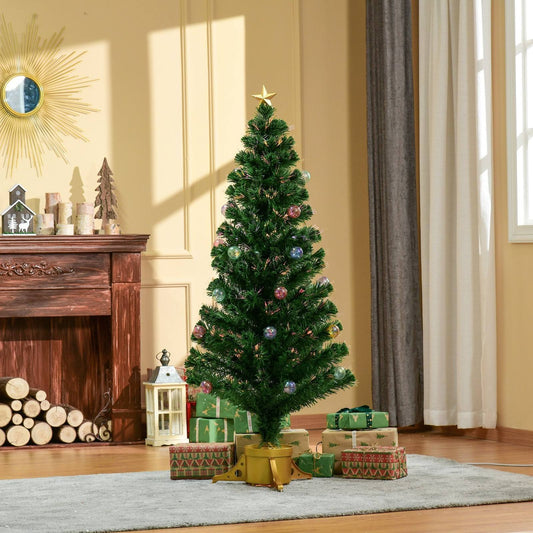 Homcom 5FT Prelit Artificial Christmas Tree Fiber Optic Holiday Home Xmas Indoor Decoration with Golden Stand Green