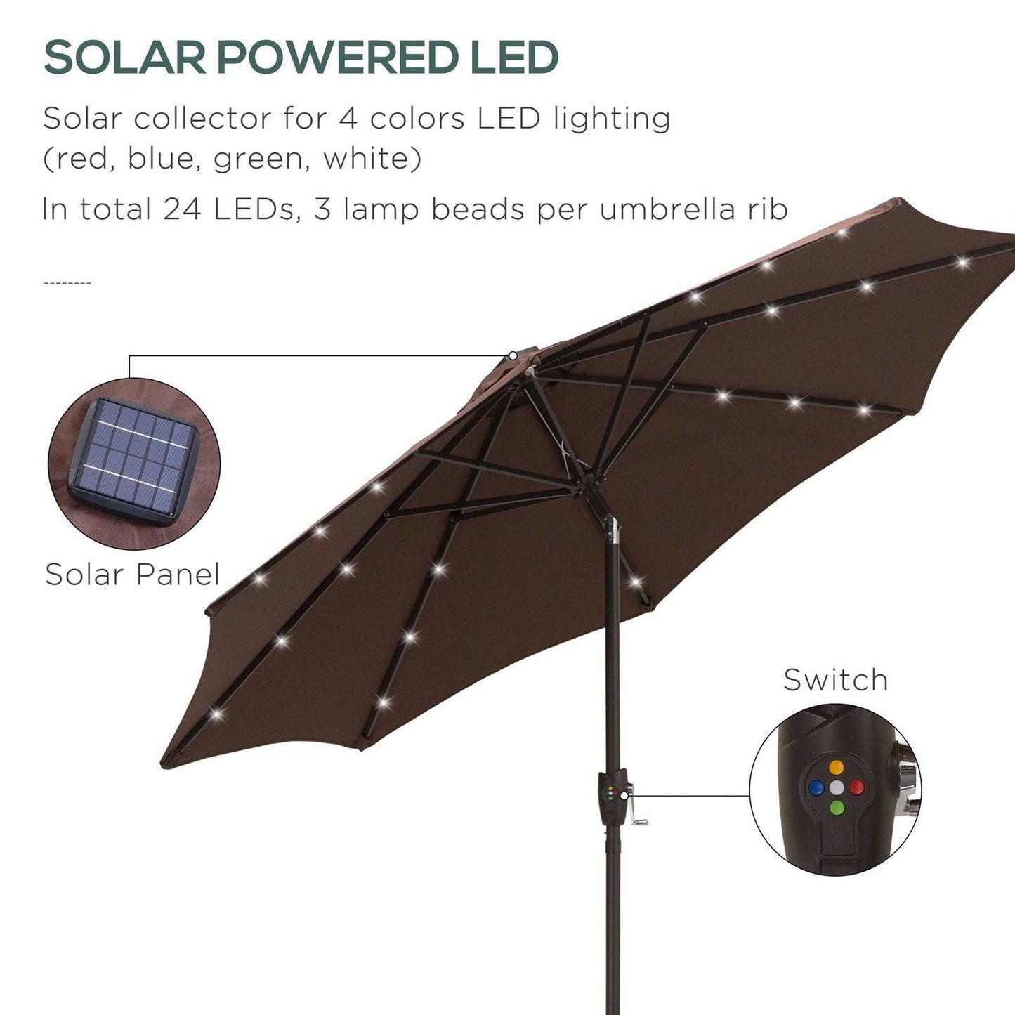 Umbrella Parasol 24 Solar LED-Brown/Coffee