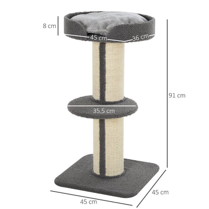 PawHut Cats 2-Tier Scratching Tree w/ Bed Grey