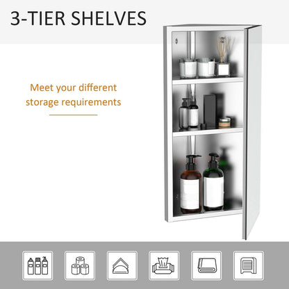 Stainless Steel Wall mounted Bathroom Corner Mirror Storage Cabinet Single Door 300mm W