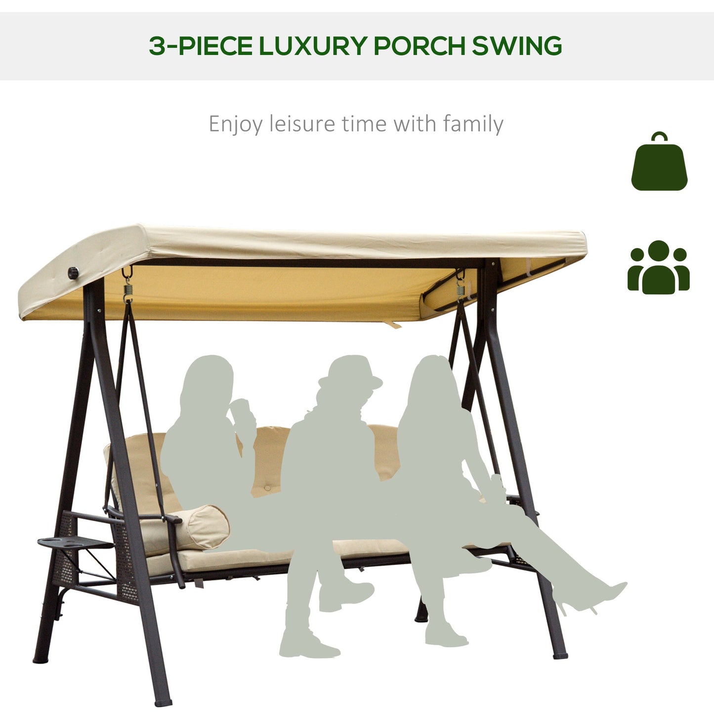 Steel Swing Chair Hammock Garden 3 Seater Canopy Cushion Shelter Beige
