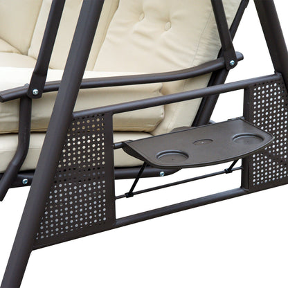 Steel Swing Chair Hammock Garden 3 Seater Canopy Cushion Shelter Beige