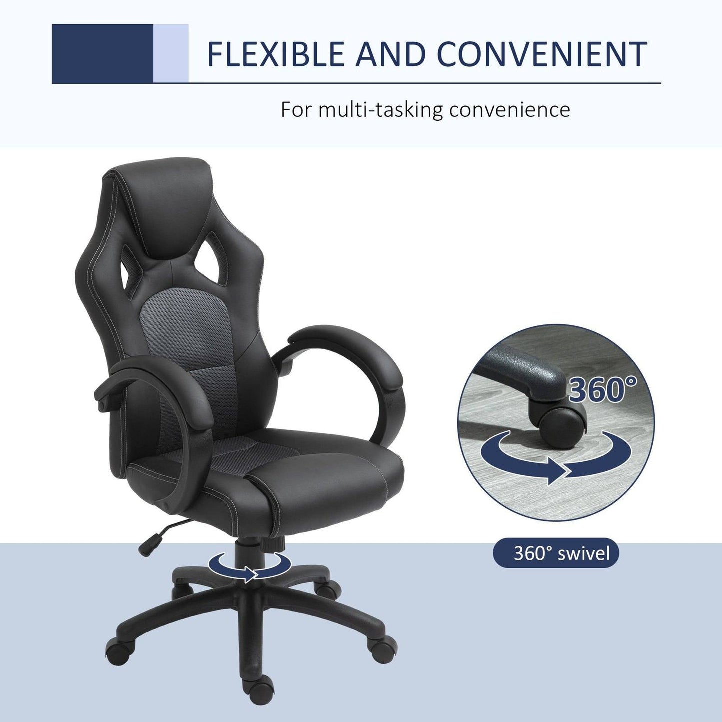 High-Back Office Chair Faux Leather Swivel Computer Desk Chair For Home Office With Wheels Armrests Black