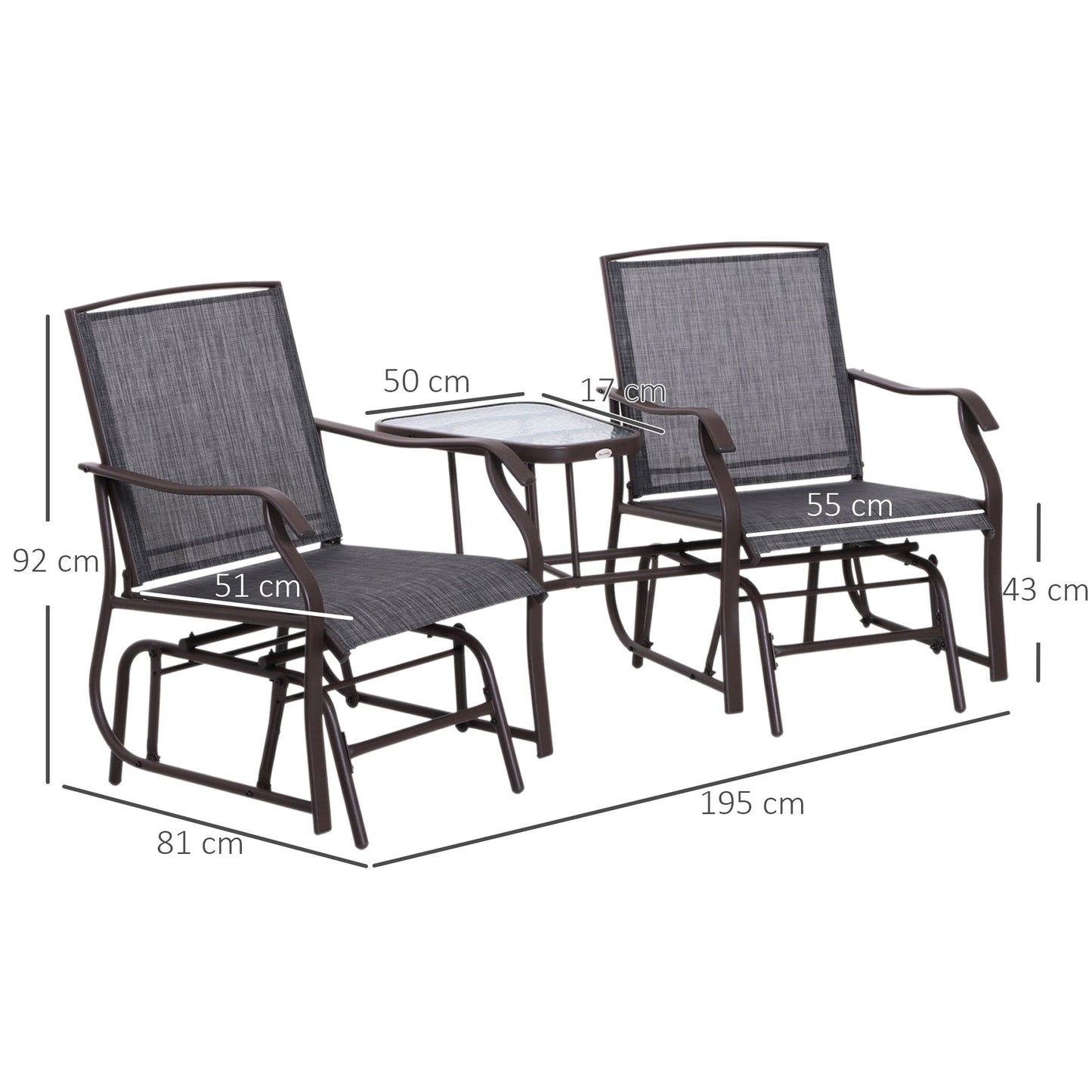 Garden Double Glider Rocking Chairs Metal Gliding Love Seat with Middle Table Conversation Set Patio Backyard Relax Outdoor Furniture Grey