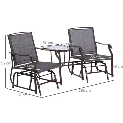 Garden Double Glider Rocking Chairs Metal Gliding Love Seat with Middle Table Conversation Set Patio Backyard Relax Outdoor Furniture Grey