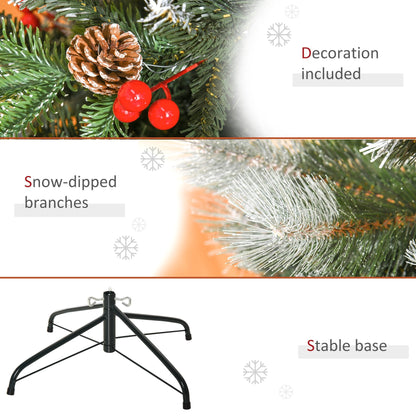 5FT Artificial Snow Dipped Christmas Tree Xmas Pencil Tree with Foldable Feet Red Berries White Pinecones