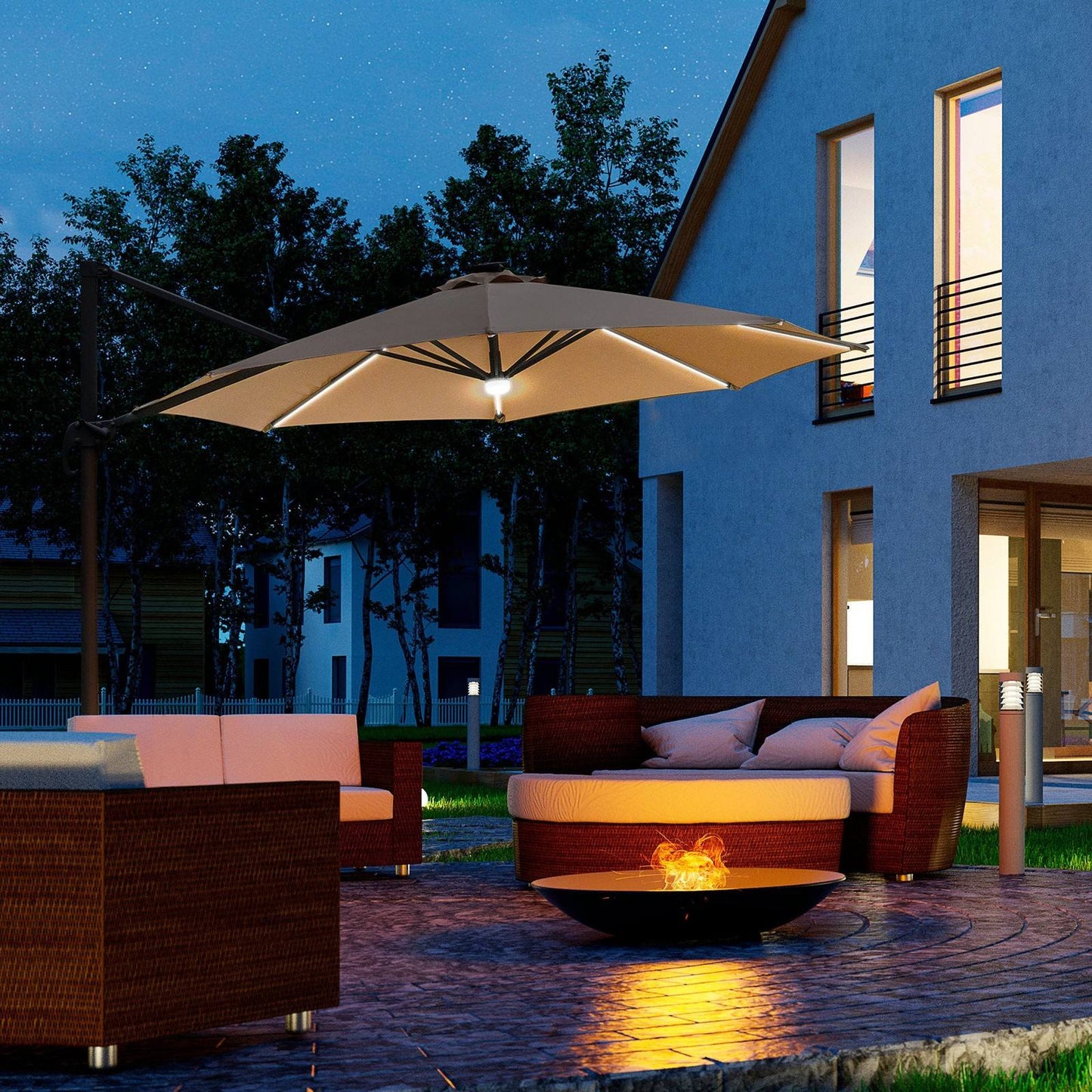 3M LED Cantilever Parasol Outdoor Sun Umbrella w/ Base Solar Lights Brown