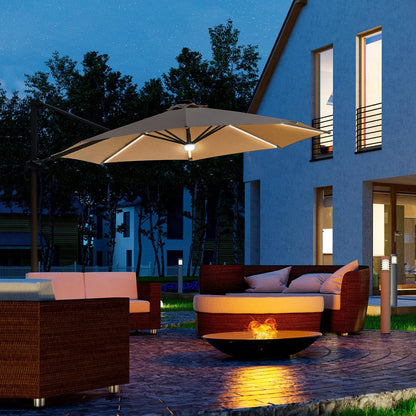 3M LED Cantilever Parasol Outdoor Sun Umbrella w/ Base Solar Lights Brown