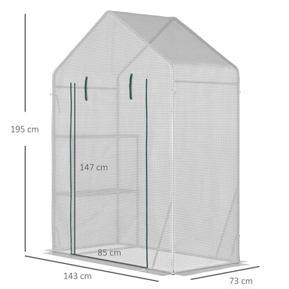 Outsunny Walk In Greenhouse with 2 Tier Shelf, Portable Gardening Plant Grow House with Roll up Zip Panel Door, Reinforced PE Cover, 143 x 73 x 195cm, Green
