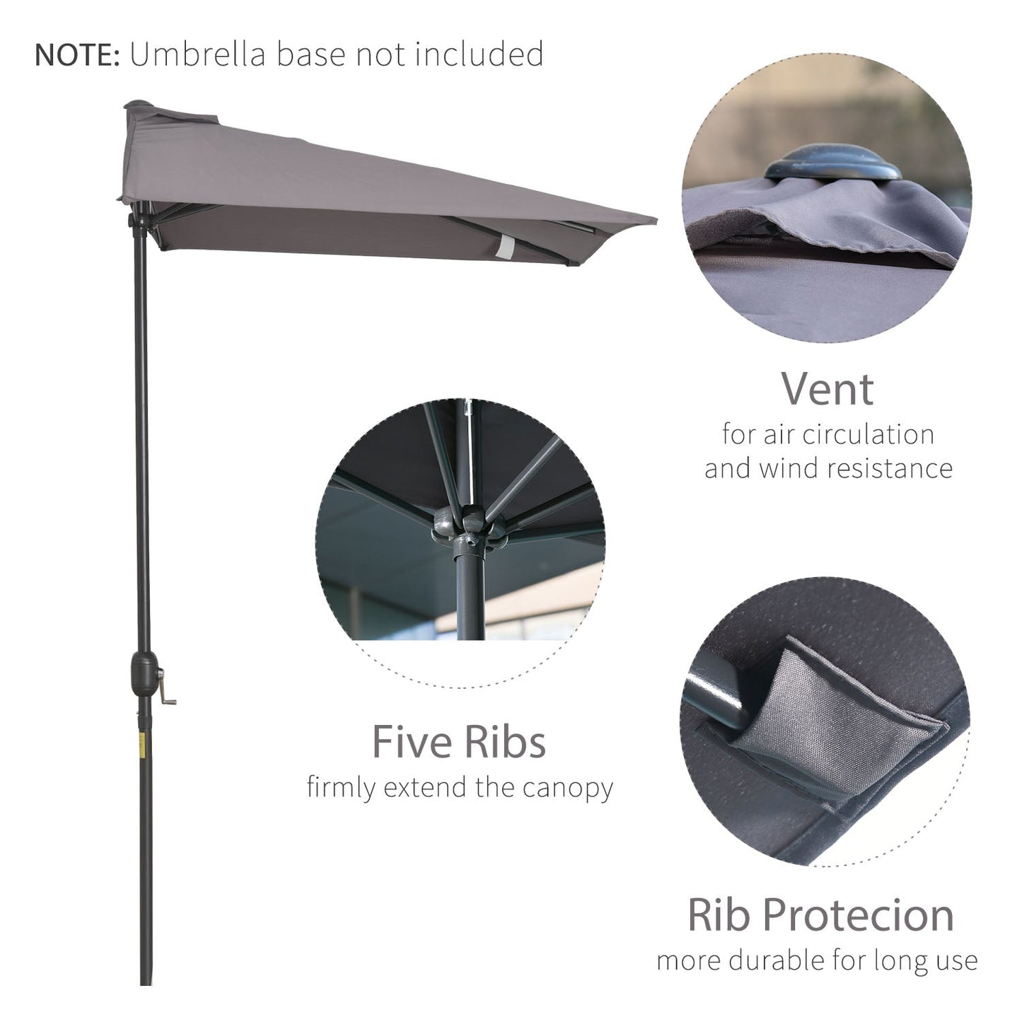 2.3m Half Round Parasol Umbrella Balcony Sun Shade Metal Grey