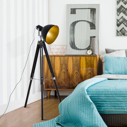Industrial Floor Lamp for Living Room Tripod Spotlight Reading Lamp w/Wood Legs Metal Shade Adjustable Height Angle for Bedroom Home Office Black and Gold