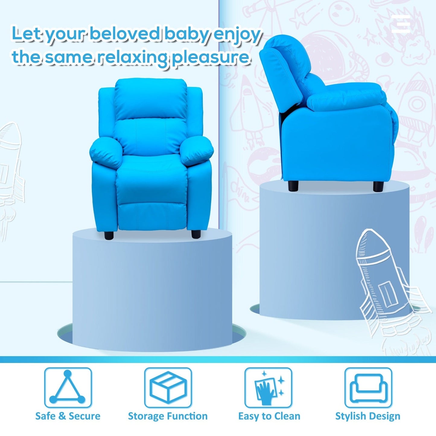 Kids Children Recliner Lounger Armchair Games Chair Sofa Seat PU Leather Look w/ Storage Space on Arms Blue