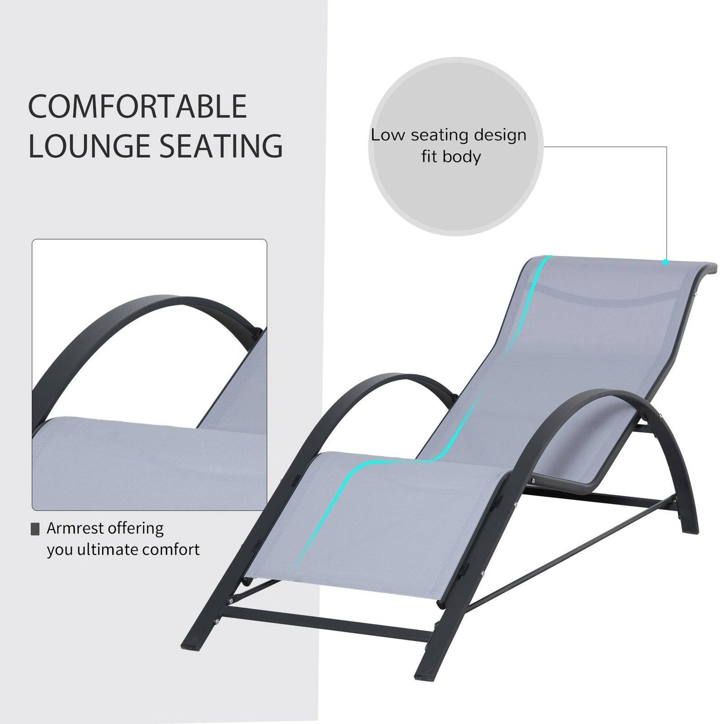 3-Pieces Lounge Chair Set Metal Frame Garden Outdoor Recliner Sunbathing Chair with Table