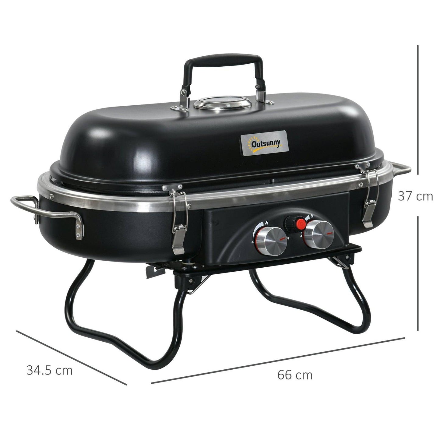 Foldable Gas BBQ Grill 2 Burner Table Top Barbecue with Lid Piezo Ignition Thermometer for Camping Picnic Cooking