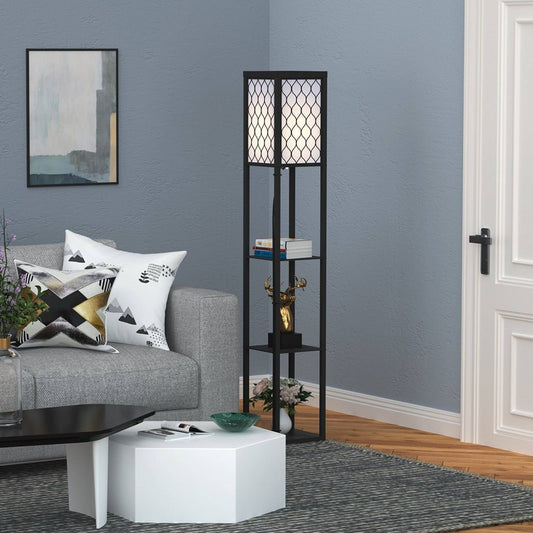 Shelf Floor Lamp Standing Lamp With4-Tier Wooden Open Shelves26L X 26W X 160H cm-Black/White