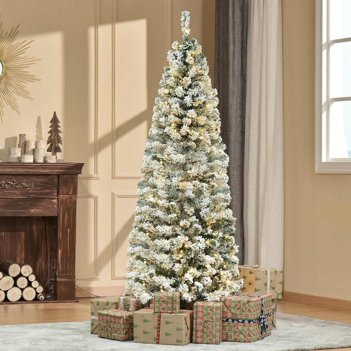6FT Prelit Artificial Snow Flocked Christmas Tree with Warm White LED Light