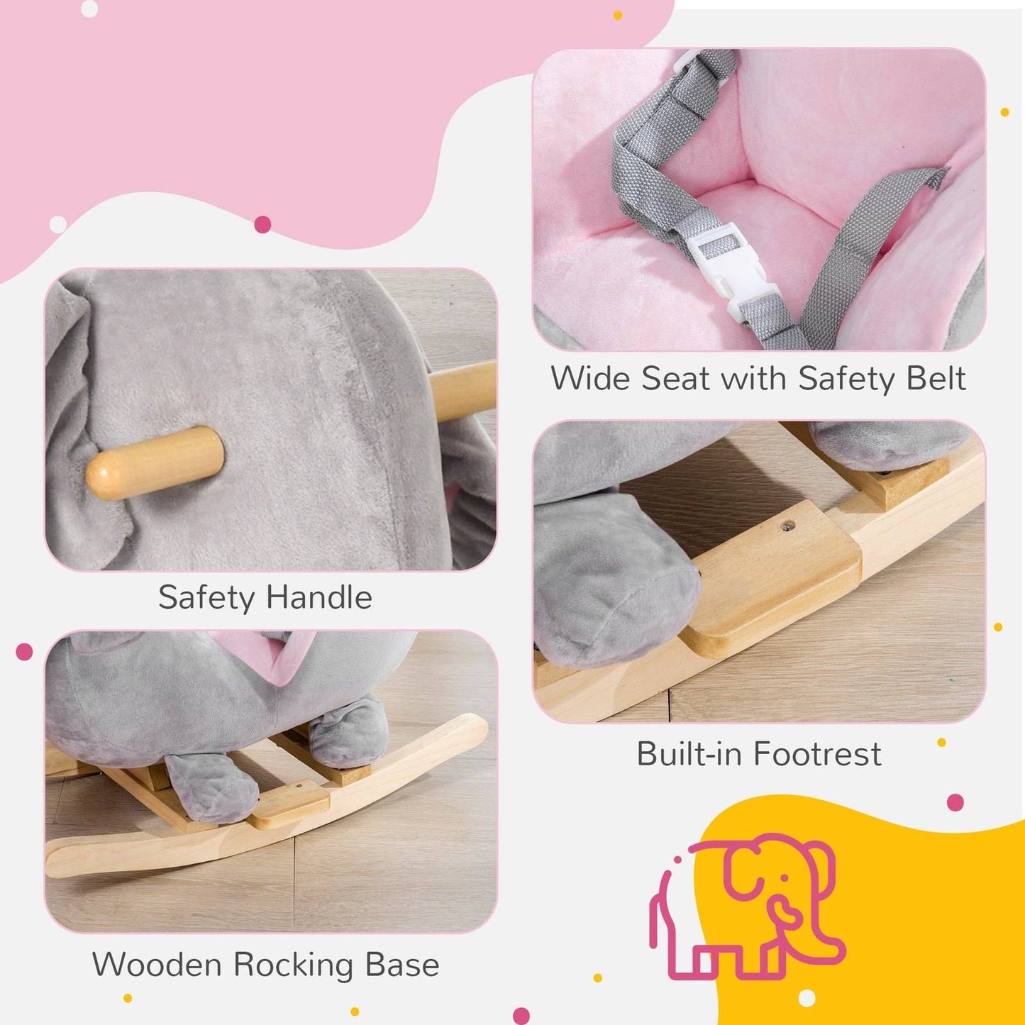 Baby Rocking Horse Elephant Rocking Chair Rocker Toy With Wooden Base Seat Safety Belt For 1.5-3 Year Old Grey
