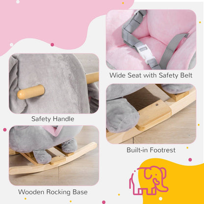 Baby Rocking Horse Elephant Rocking Chair Rocker Toy With Wooden Base Seat Safety Belt For 1.5-3 Year Old Grey