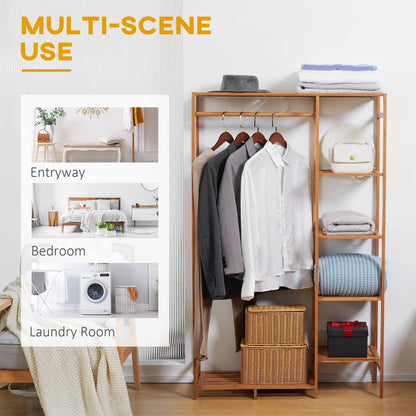 Homcom Bamboo Clothes Rack for Bedroom Garment Rack with 6-Tier Storage Shelf Hanging Rod Clothes Rail for Living Room Entryway