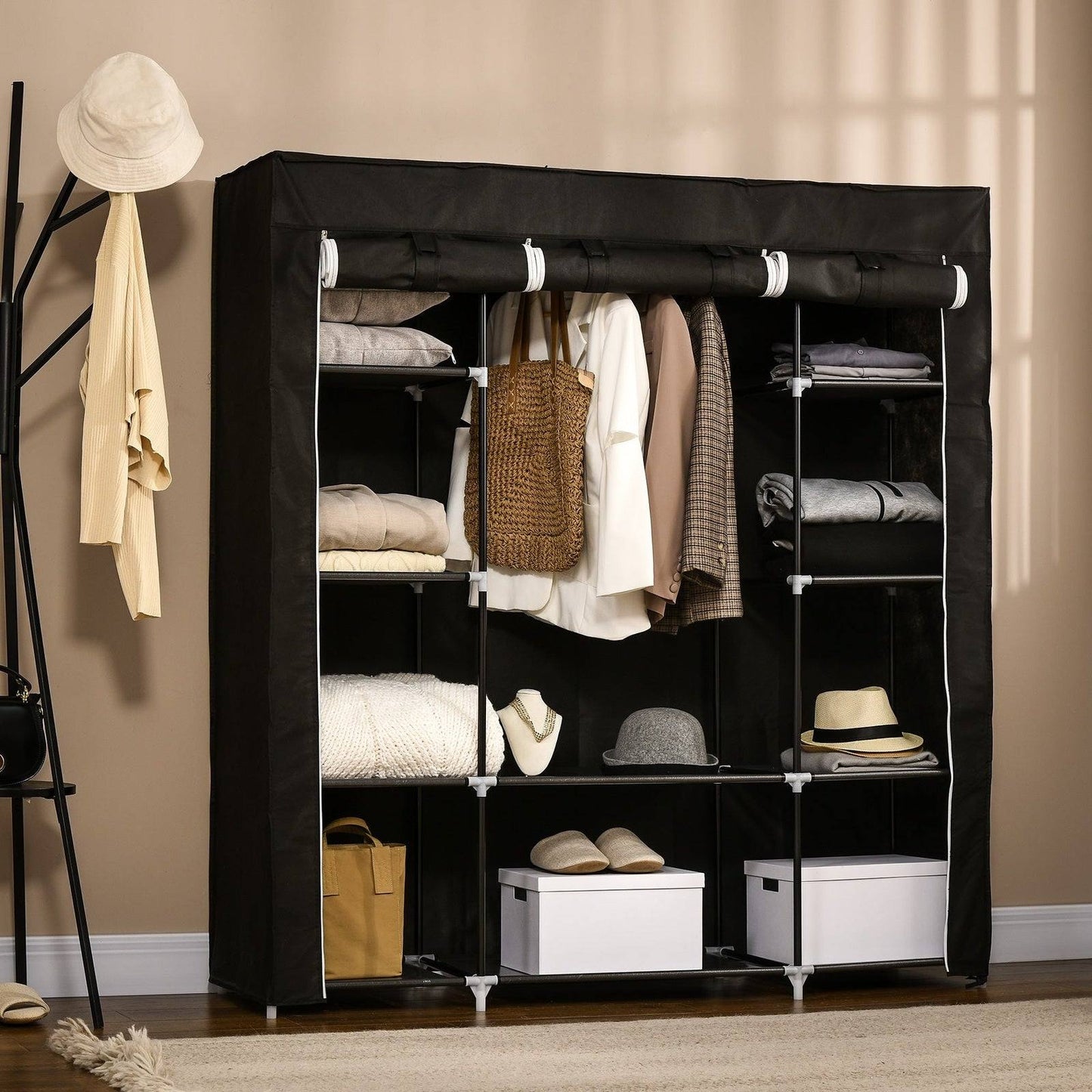 Fabric Wardrobe Portable Wardrobe With 10 Shelves 1 Hanging Rail Foldable Closets 150 X 43 X 162.5 cm Black