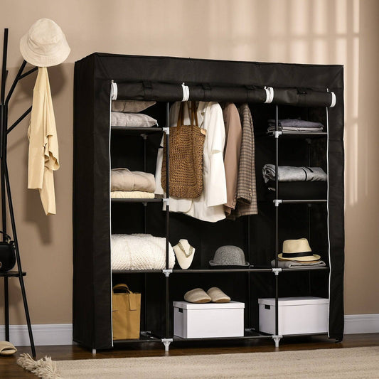 Fabric Wardrobe Portable Wardrobe With 10 Shelves 1 Hanging Rail Foldable Closets 150 X 43 X 162.5 cm Black