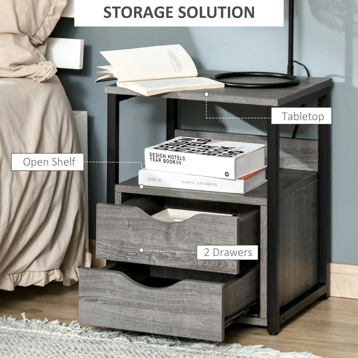 HOMCOM End Table Bedside Desk Slim Storage Cabinet with Shelf Grey
