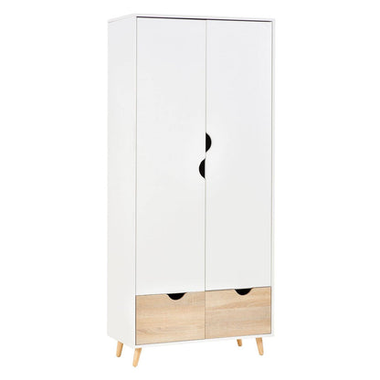 2-Door Clothes Wardrobe w/ Rail Shelf 2 Drawers Wood Feet Elegant Home Storage Organisation Furniture Dresses Coats Blankets Shoes White