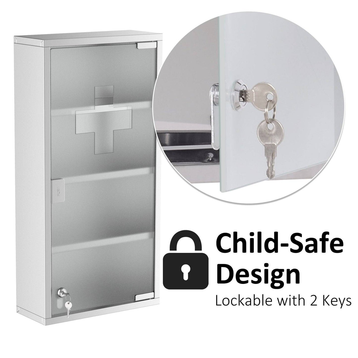 4 Tier Stainless Steel Wall Mounted Medicine Cabinet Glass Lockable Door Storage Shelves Houseware Bathroom Furniture 60Hx30Wx12Dcm w/2 Keys